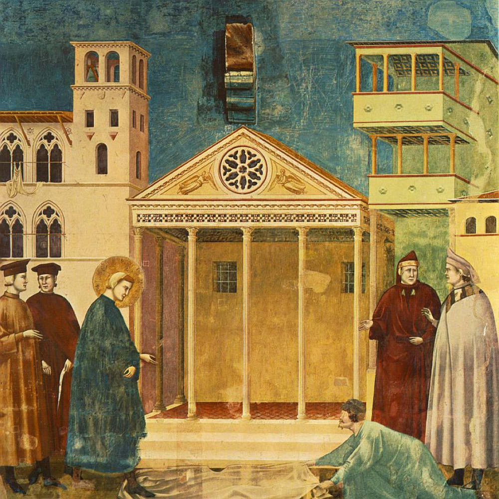 Giotto di Bondone, „Hołd prostego człowieka” (1. fresk cyklu franciszkańskiego),