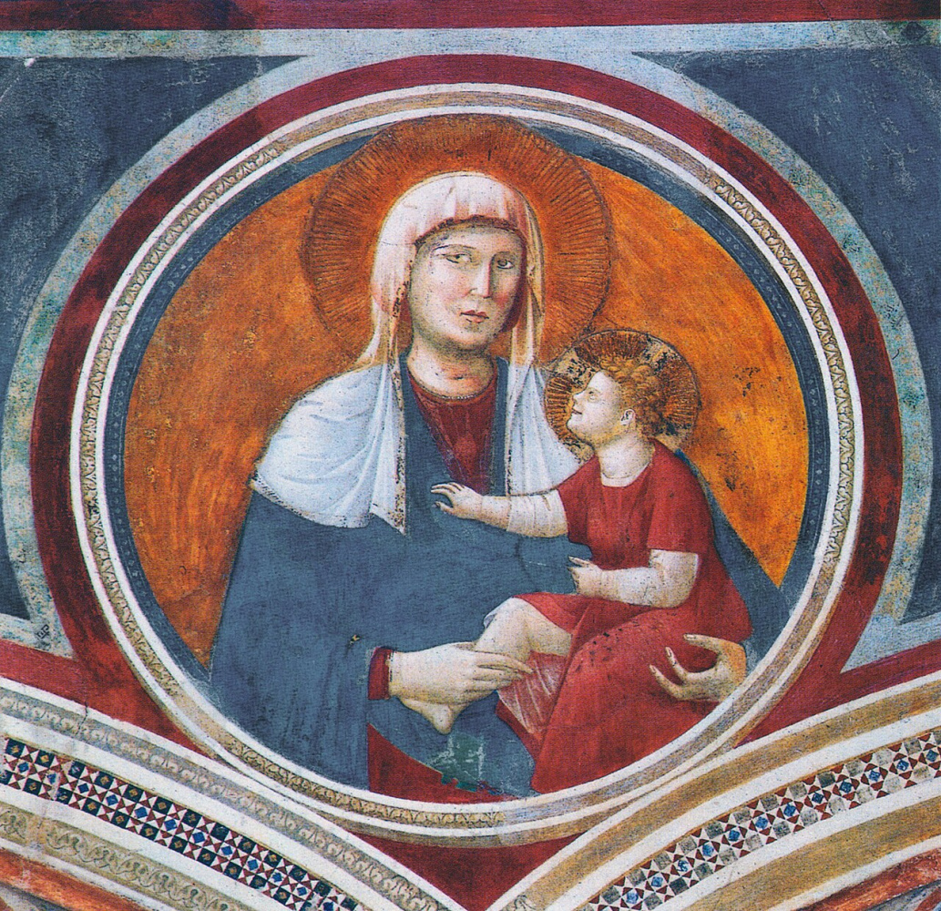 Giotto di Bondone, „Madonna z dzieciątkiem” (fresk nad wejściem do bazyliki górn