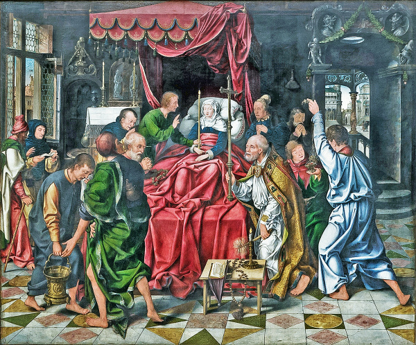 Joos van Cleve Starszy, Śmierć Maryi Dziewicy, centralny panel tryptyku, 1515