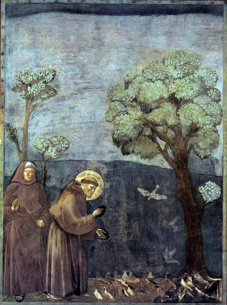 Giotto di Bondone, „Kazanie do ptaków” (15. fresk cyklu franciszkańskiego), ok. 