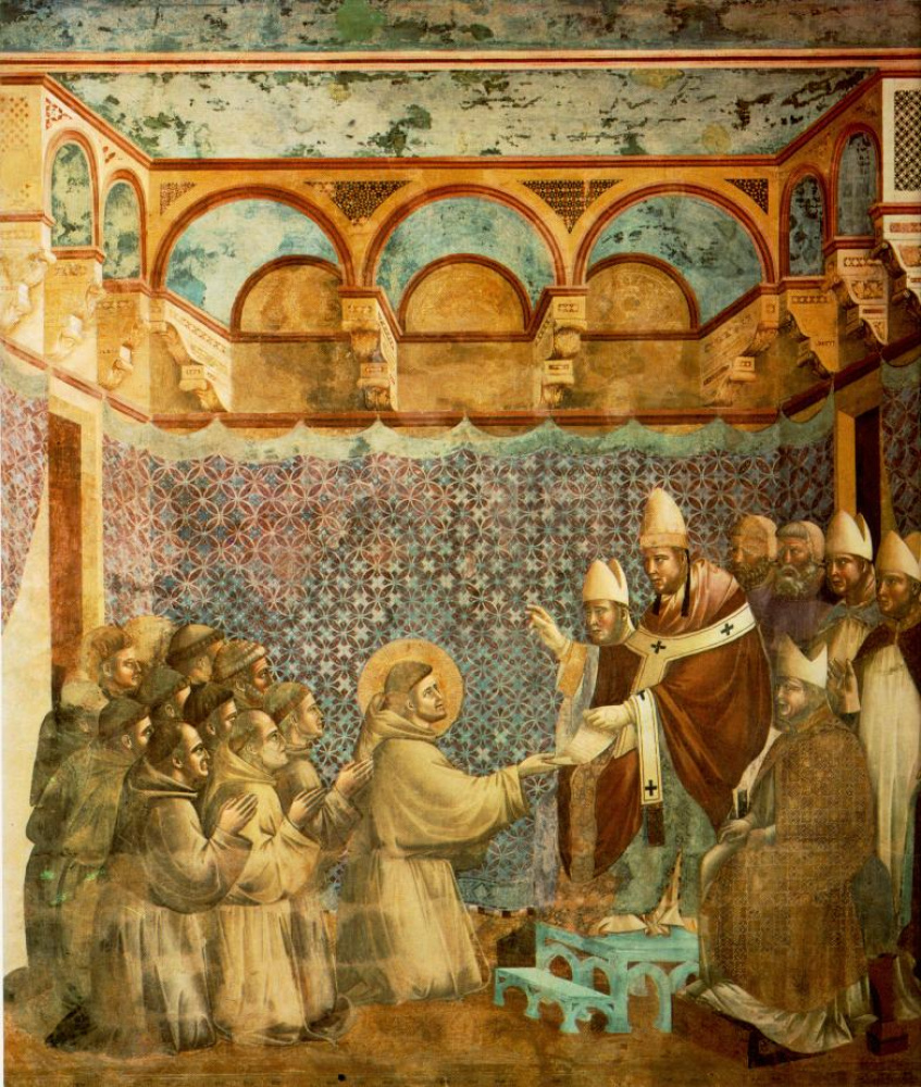 Giotto di Bondone, „Zatwierdzenie reguły” (7. fresk cyklu franciszkańskiego), ba