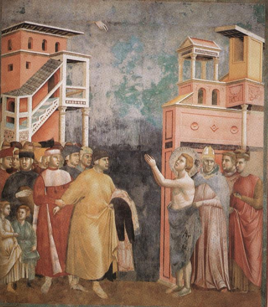 Giotto di Bondone, „Wyrzeczenie się dóbr” (5. fresk cyklu franciszkańskiego), ok