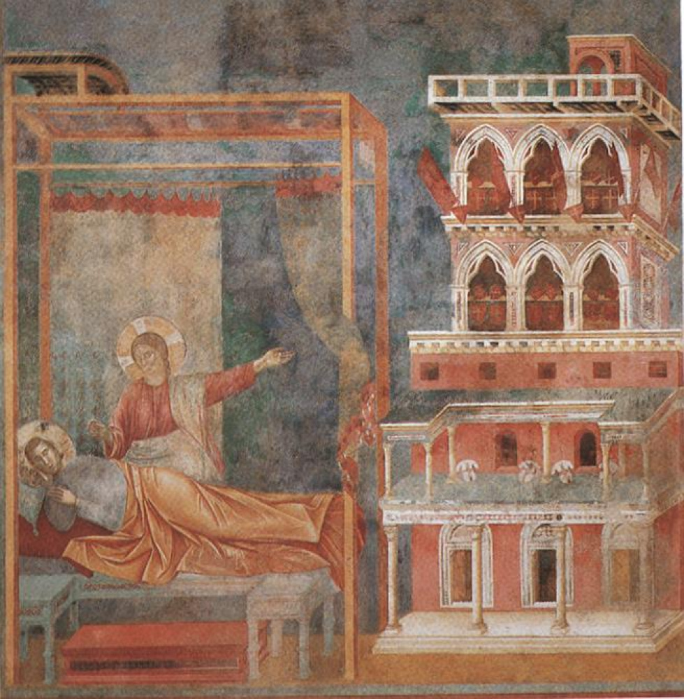 Giotto di Bondone, „Widzenie pałacu pełnego broni” (3. fresk cyklu franciszkańsk