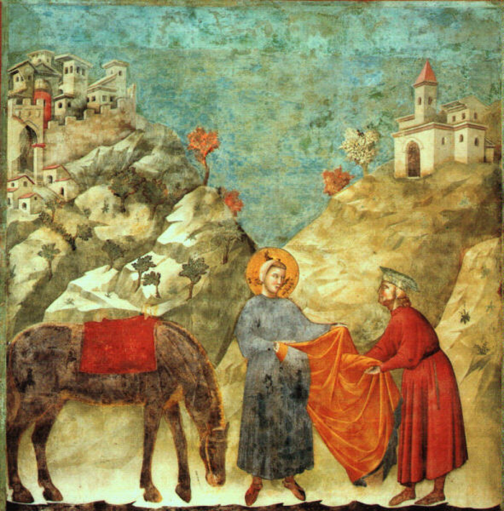 Giotto di Bondone, „Podarowanie płaszcza” (2. fresk cyklu franciszkańskiego), ok