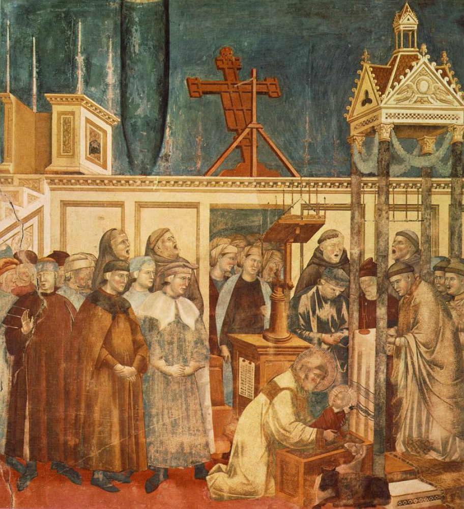 Giotto di Bondone, „Szopka w Greccio” (13. fresk cyklu franciszkańskiego), ok. 1